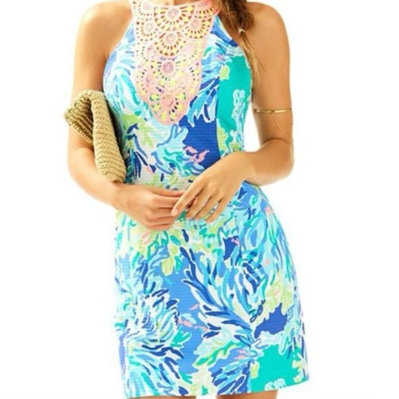 NWT Lilly Pulitzer Scuba Dress Brilliant Blue Wade and Sea Pearl Shift Printed - Picture 1 of 10